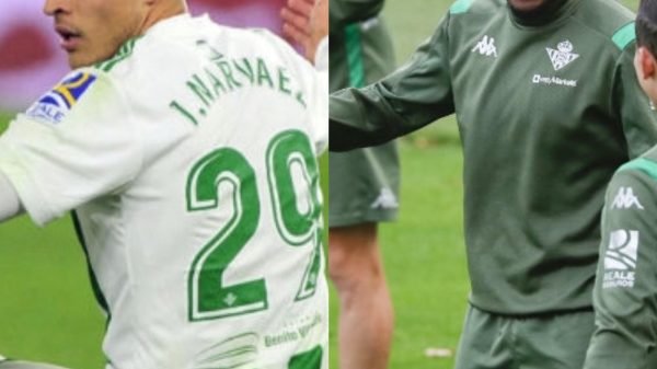 Narváez durante un partido con el Real Betis; Kaptoum en un entrenamiento.