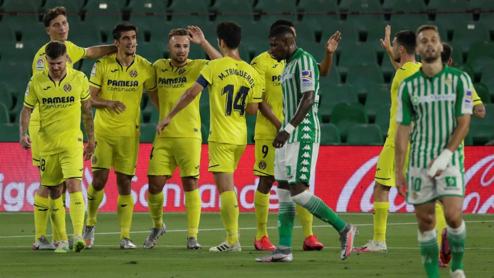El Villarreal celebrando un gol en su última visita al Benito Villamarín (Vía: Marca)