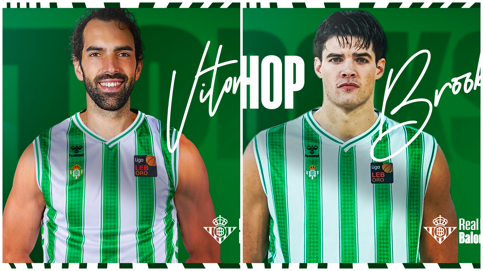 Collage de las imágenes de presentación del fichaje de Vítor Benite y la renovación de Brooks DeBisschop por el Real Betis Baloncesto.