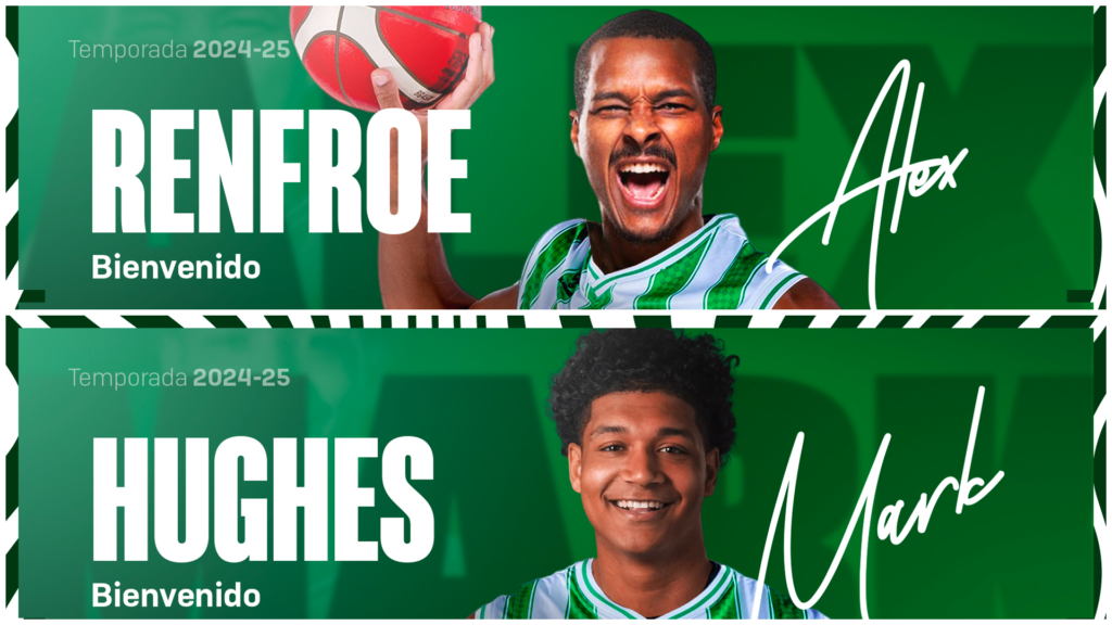 Collage de las imágenes de presentación de los fichajes de Alex Renfroe y Mark Hughes por el Real Betis Baloncesto.