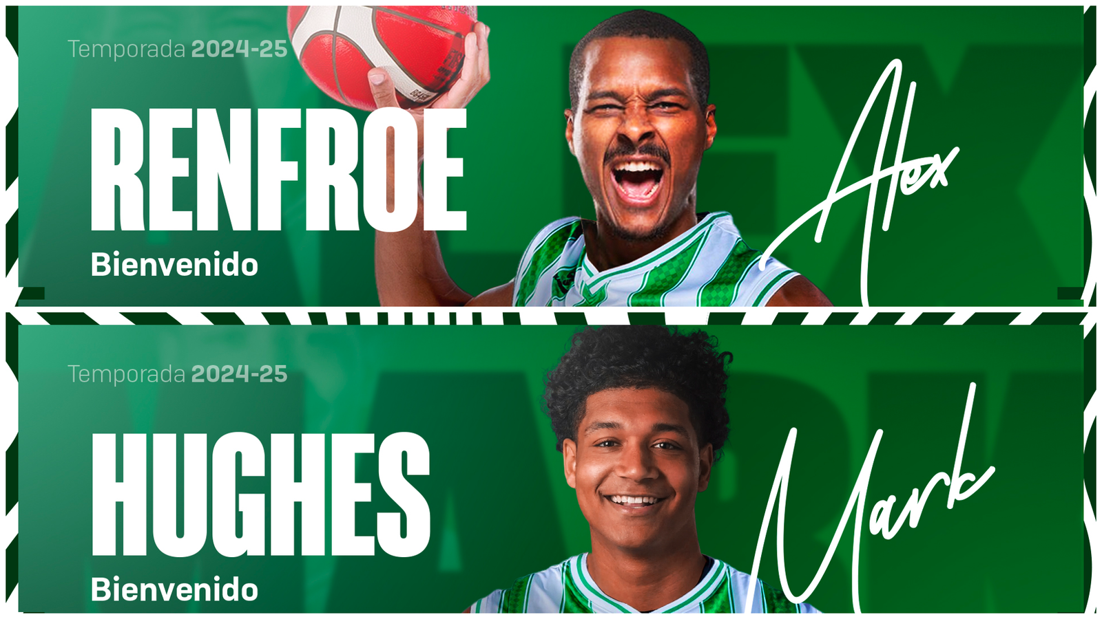 Collage de las imágenes de presentación de los fichajes de Alex Renfroe y Mark Hughes por el Real Betis Baloncesto.